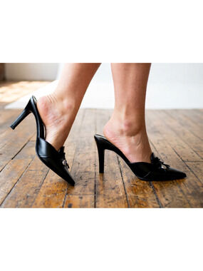 Ralph Lauren black leather pointed-toe mules featuring silver charms 7